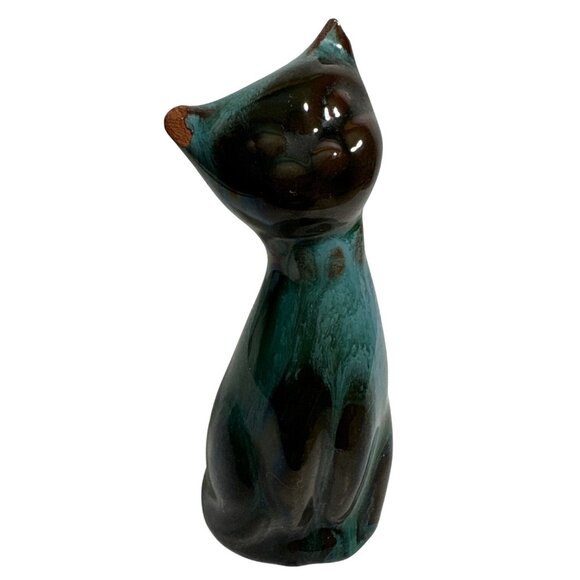 Blue Mountain Pottery Mini Cat Figure 3" Green Black Drip Glaze MCM Canada READ - Picture 1 of 9